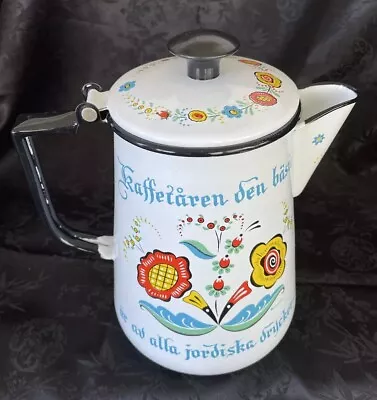 Vintage Berggren Floral Enamelware Hinged Lid Coffee Pot Swedish Folk Art • $24.99