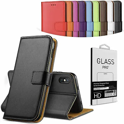 Genuine Real Leather Flip Wallet Slim Case Cover For All Phone Models +HD Glass • £6.98