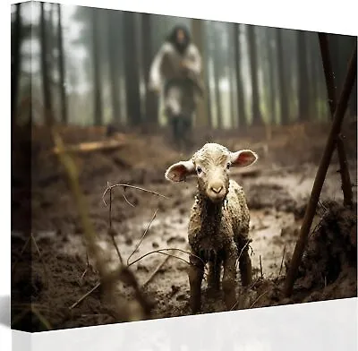 Jesus And Lamb Canvas Wall Art Jesus Running After Lost Lamb Picture Wall Art • $18.90