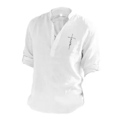 Mens Long Sleeve Shirts Solid Loose Casual Shirt Blouse Top Cotton Summer • £7.43