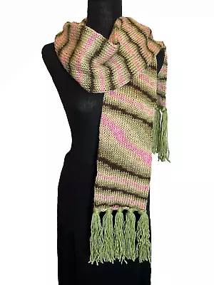 OBD Handmade Hand Knit Pink/Green Striped Winter Scarf W/Fringe • $30