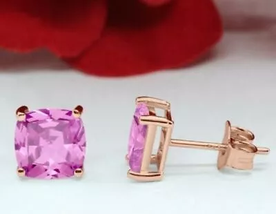 4Ct Lab-Created Cushion Cut Sapphire Women Stud Earrings 14K 2 Micron Rose Gold • $34.99