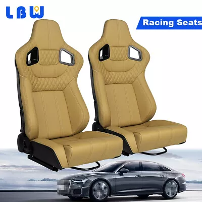 Universal 2x Car Racing Seats With Dual Sliders Full Wrapped Beige Faux Leather • $392.75