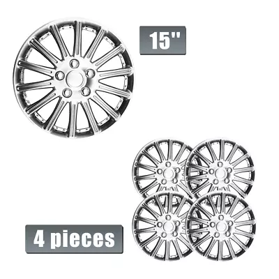 Silver 15  Set Of 4 Covers Full Rim Snap On Hub Caps Fit R15 Steel Rims BK • $45.99