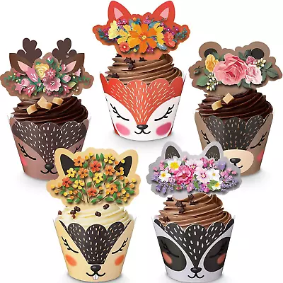 60 Pieces Woodland Baby Shower Cupcake Wrappers And Toppers Woodland Deer • $13.98