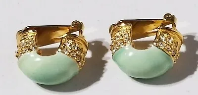 $59.99 • Buy Vintage Kenneth Jay Lane KJL Jade Enamel Gold Clip On Rhinestone Earrings