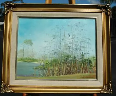 Vintage Oil On Canvas Of A Florida Marsh Scene By Artist Edith Fedelem • $275