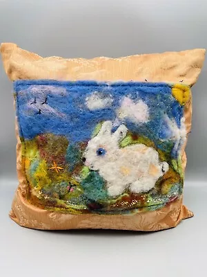 Handmade Cushion With Handmade Appliqué Felt Bunny Rabbit Picture • £3.50