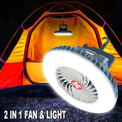 $31.34 • Buy 2 IN 1 Camping Fan With Light Rechargeable Tent Lamp With Hook Emergency Kit AU