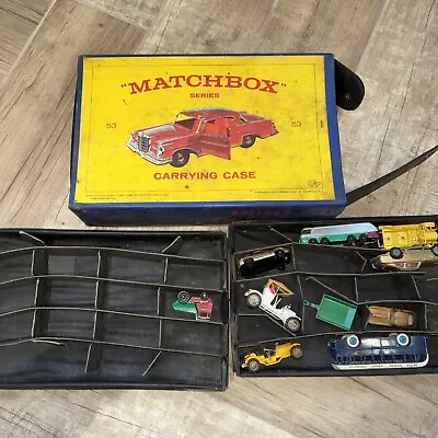 Matchbox Carrying Case Vintage Blue And Yellow Vinyl With Assorted Cars 10 Piece • $20