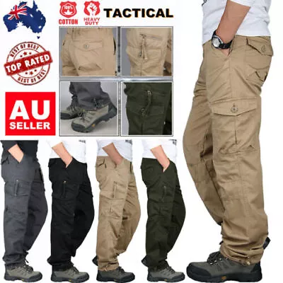 Mens Cargo Pants 100% Cotton Work Pants Elastic Waist Tactical Outdoor Combat AU • $27.99