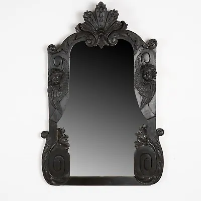 Large Black Painted Carved Oak Mirror With Cherubs France Circa 1900-20 • $5150