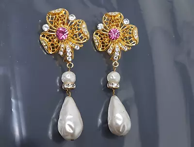 Vtg Couture Irish Clover White Pink Rhinestone Gold Tone Dangling Clip Earrings • $55