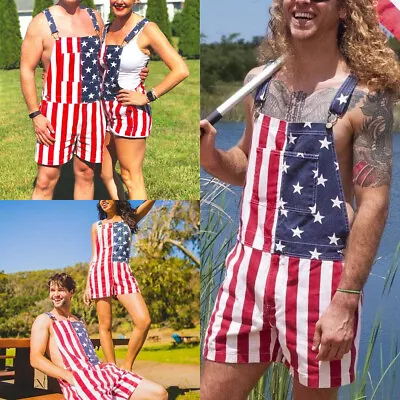 ON SALE!! Overalls USA America Flag Print Bib Pants Jumpsuit Romper Shorts • $19.99