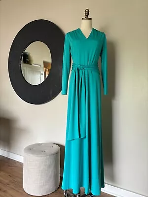 Vintage Nat Kaplan Couture Dress Sz M/L Hostess MCM Maxi Gown 60s 70s Blue Green • $147.89