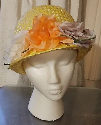 Vintage Yellow Straw Easter Hat Floral Covered 60s Era Union Made Silk Flowers • $12.99