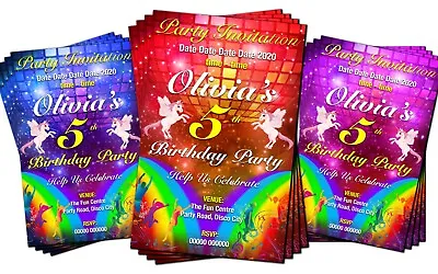 DISCO RAINBOW UNICORN Dance Birthday Party Invitations X4 Red Pink Or Blue  • £2.85