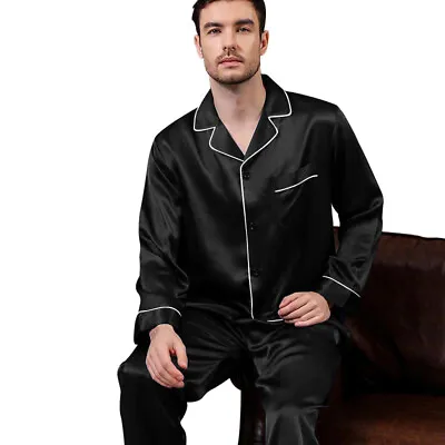 Mens Silk Satin  Pajamas - PJ Set - Black White Piping  '' 5 Day Delivery USA '' • $19.50