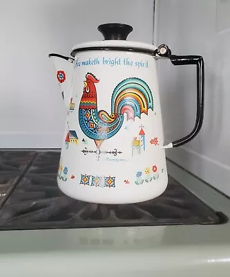 Vintage Berggren Enamelware Metal Coffee Pot ROOSTER Maketh Bright The Spirit • $34.95