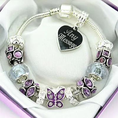 Personalised Bracelet FREE Engraving Purple Charms Christmas Birthday Gifts • £12.99