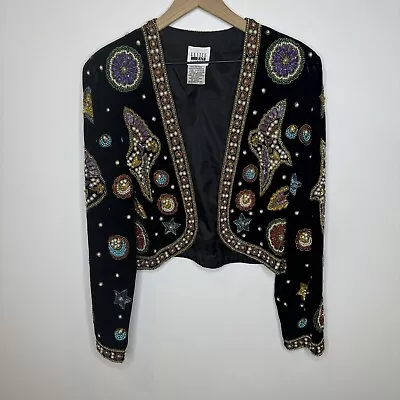 Leslie Fay Bolero Velvet Jacket Size Small Womens Black Gold Beading Sequins Vtg • $65