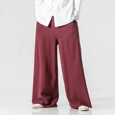 Men's Loose Fit Straight Pants Style Wide Leg Trousers Chinese Slacks Linen New • $43.67