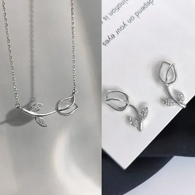 Fashion 925 Silver Love Tulip Crystal Pendant Necklace Women Wedding Jewelry New • $2.14