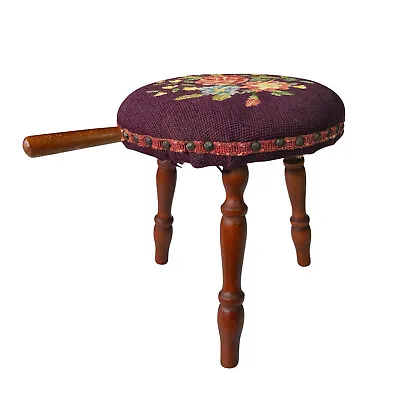 Antique Farmhouse Country Floral Needlepoint Maple Milking Footstool W/ Handle • $100