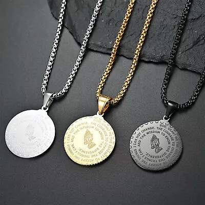 Men's Stainless Steel Serenity Prayer & Lord's Prayer Medallion Pendant Necklace • $13.95