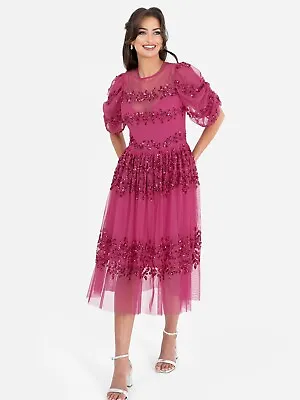 Maya Hot Pink Floral Embellished Ruched Sleeve Midi Dress • £43.75