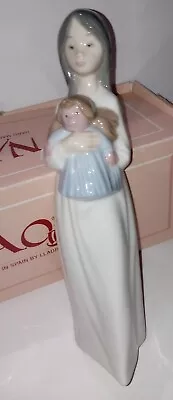 NAO LLADRO GIRL Porcelain Figurine W/ Dolly Brunette Nightgown PRISTINE White • $10