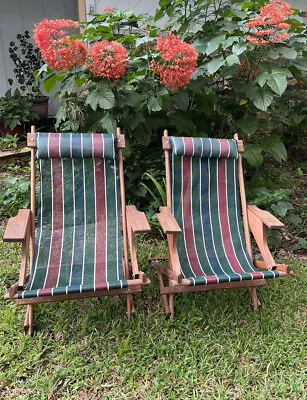 Vintage 70’s Rare Folding Swivel Lounge Beach Lawn Wood Striped Print Chairs • $270