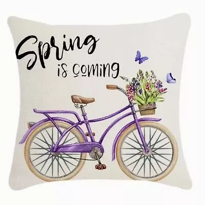 New Spring/easter Spring Is Coming Vtg Purple Bicycle Linen Pillow Cover 17.7  • $9