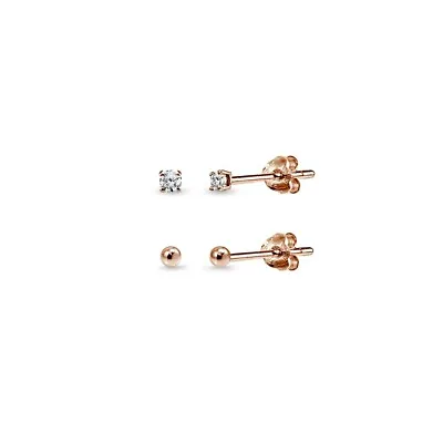 2 Pair Rose Flash Silver Unisex Small Ball Bead & Round 2mm CZ Stud Earrings Set • $9.99