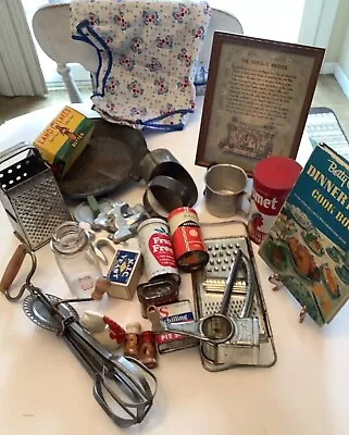 Lot Of 25 Grandmas Vtg Kitchen Items Spice Tins Apron Utensils Cookie Cutters • $29.99
