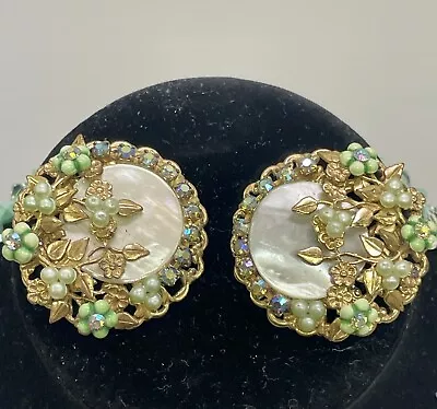 Miriam Haskell Unsigned AB Rhinestone Enamel Flower &faux MOP Clip-on Earrings • $39.99