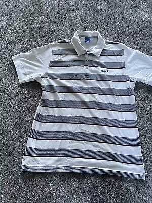 Reebok Polo Shirt Men’s Large White Blue Stripe Plain Back Logo S/S Cotton • $6.20