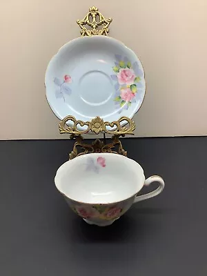 Vintage Tea Cup & Saucer Made In Occupied Japan Blue W/ Pink Cabbage Roses • $19.99