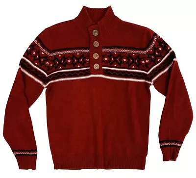 I Jeans By Buffalo Red Wool Blend Nordic Sweater Fair Isle Mock Neck Mens LARGE • $24.99