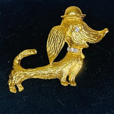 Dachshund Sausage Dog Brooch Gold Tone Long Hair Top Hat Vintage Unisex Gift • £16.99