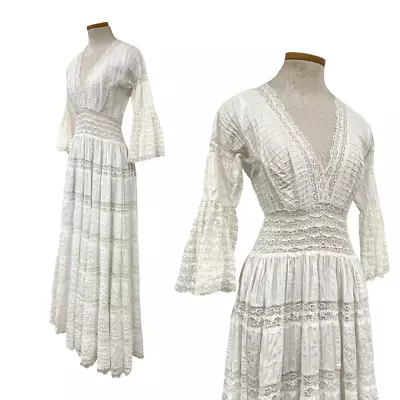 Vtg 60s Bridal Mexican Pintuck Wedding Cotton Scalloped Lace Bell Sleeve Dress • $178