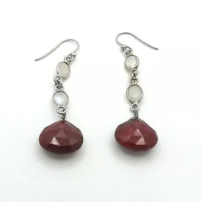 Sterling Silver Rainbow Moonstone Ruby Briolette Dangle Earrings Long Natural • $213.75