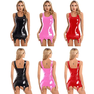 $10.11 • Buy Women Wet Look Leather Tank Dress Bodycon Dresses With Garter Belt For Stockings