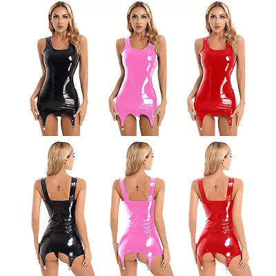 $10.11 • Buy Women Wet Look Leather Tank Dress Bodycon Dresses With Garter Belt For Stockings