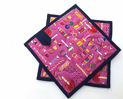 Pink Quilted Fabric Pot Holders With Candy Print Choice Of One Or Set Of Two Wi • $10.99