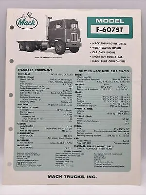 1964 MACK MODEL F-607ST COE Thermodyne Diesel Tractor Truck Brochure & Specs • $32