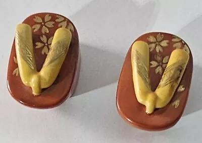 Japanese Geisha Sandals Salt Pepper Shaker Set Orange Gold Cream Floral Vintage • £14.09