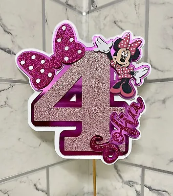 Personalised Birthday Glitter Cake Topper Custom Decoration Minnie Mouse Disney • £10