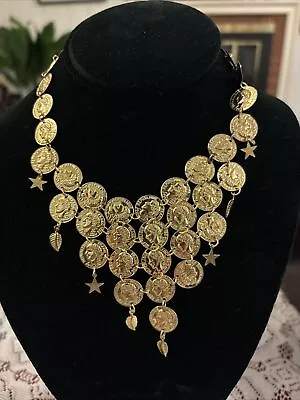 Bedouin Style Gold-Tone Faux Coin Necklace With Leaf & Star Fringe 15  (38cm) • $10