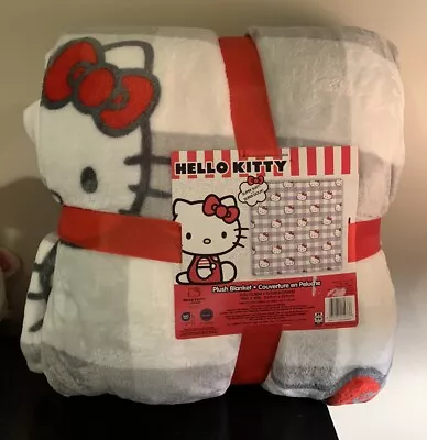 New Hello Kitty Plush Throw Blanket Grey With Red Bow FULL/QUEEN 90x90 Sanrio • $46.99